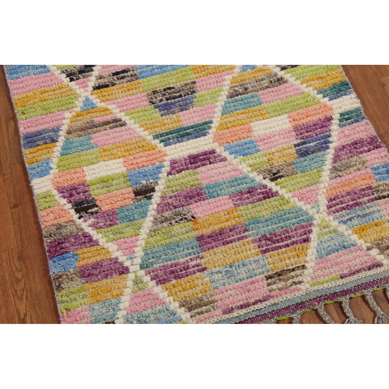 Multicolor Trellis Moroccan Runner Rug Hand-Knotted Wool Carpet - 2'7"x 12'10"