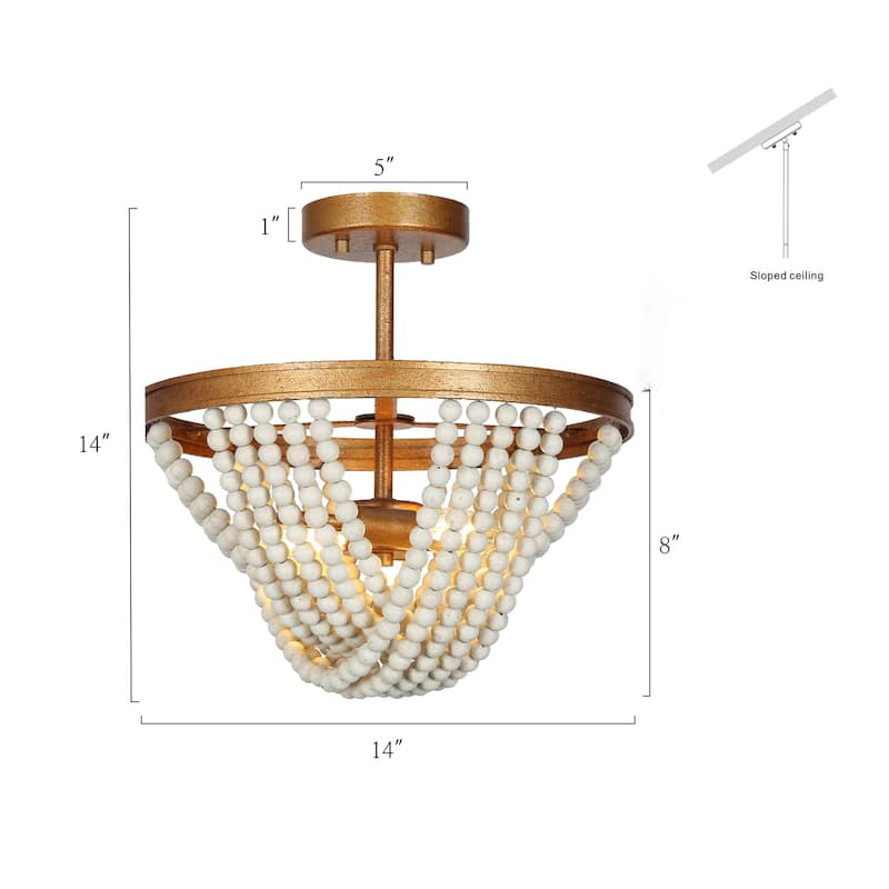 Coasa Mid-Century Modern Gold 2-light Semi-flush Mount Lights Wooden Beads Chandelier for Dining room - D14'' x H14''