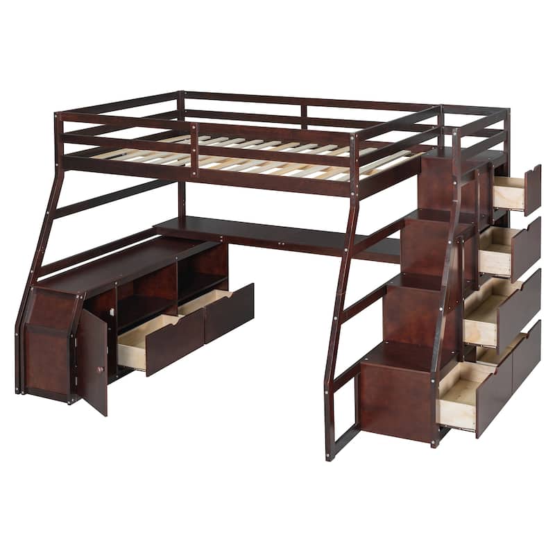 Espresso Full Size Wood Loft Bed with Drawers, Shelves, Ladder, and Desk