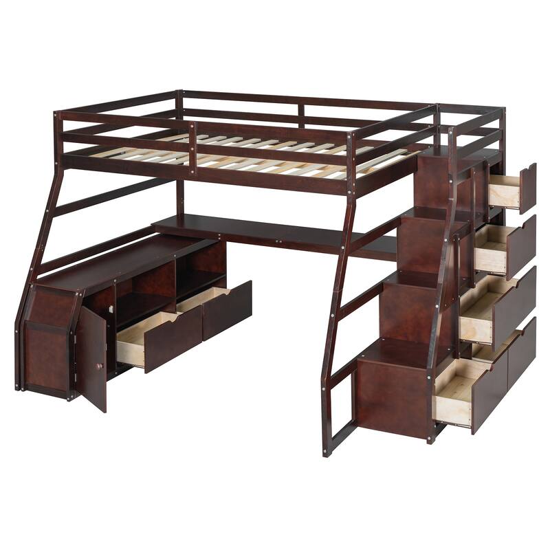 Full Size Loft Bed with 7 Drawers, 2 Shelves & Desk in Espresso/White/Gray