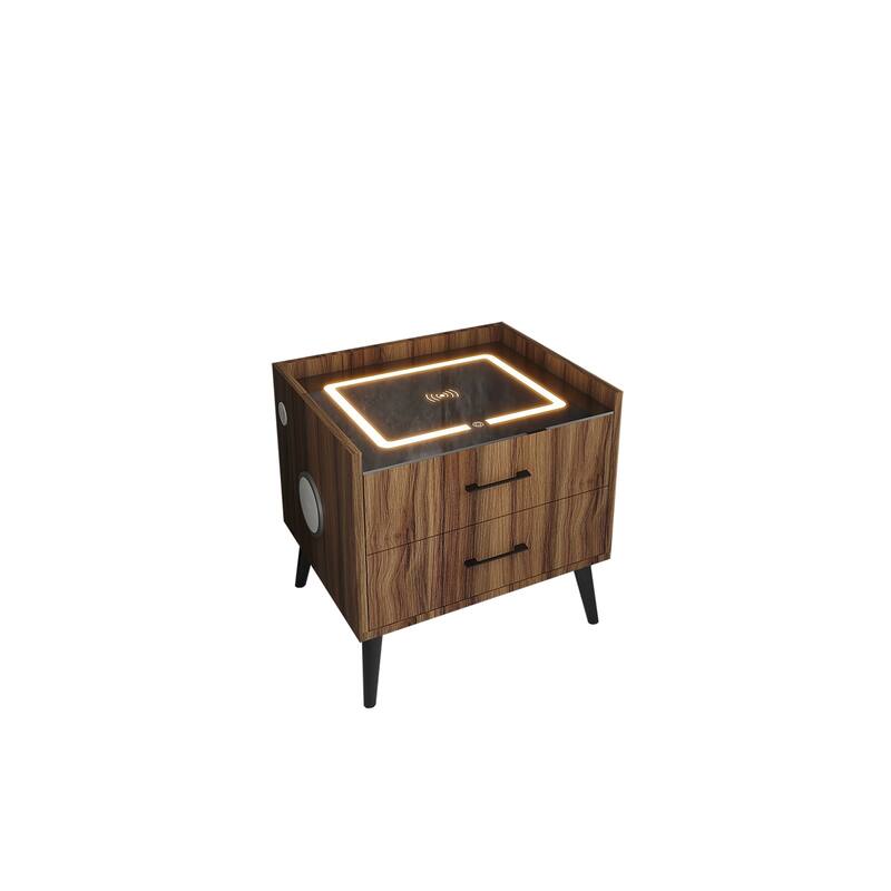 Walnut Brown Nightstand w/ Charging Station, LED, Bluetooth Speaker