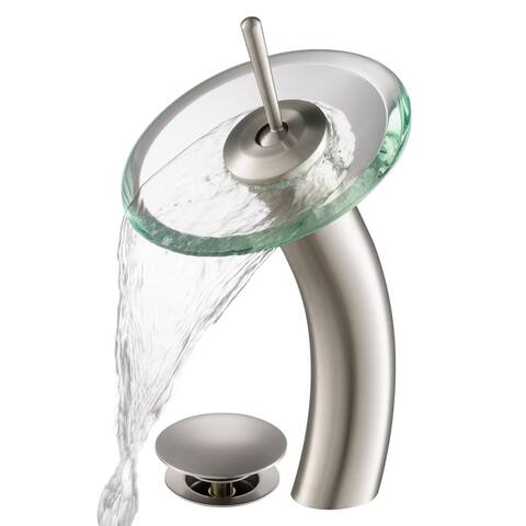KRAUS Waterfall Vessel Bathroom Faucet Satin Nickel w/ Pop Up Drain