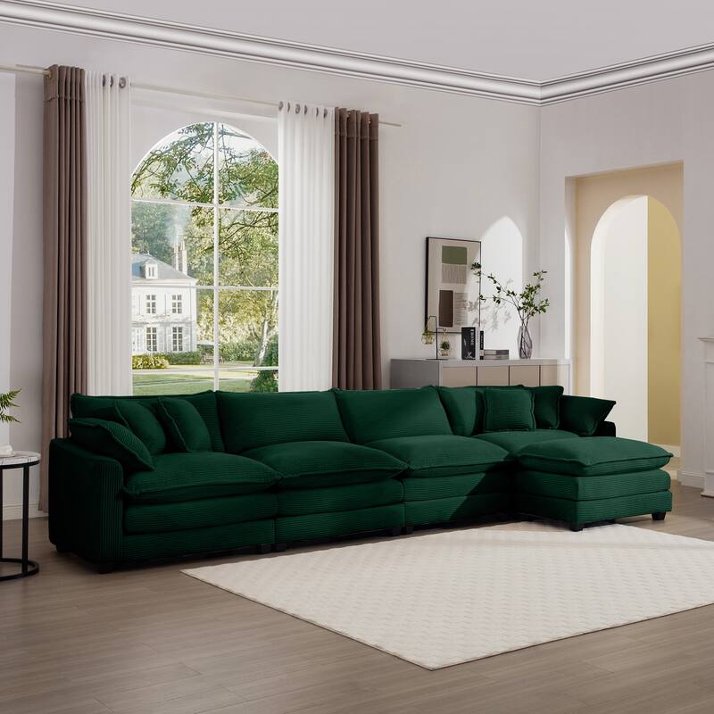 Comfortable 4-Seat Sectional Sofa with High-Resilience Foam & Matching Footstool - Corduroy Upholstery