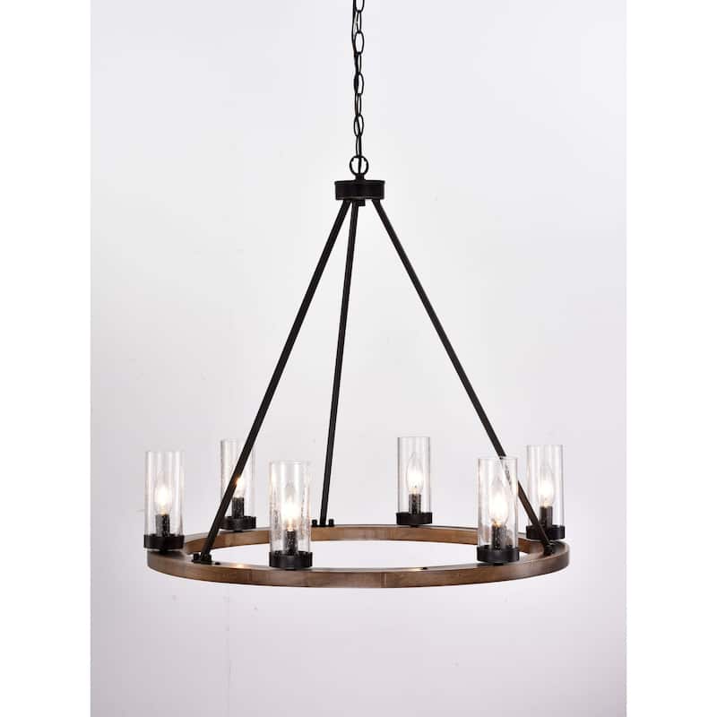 Daniela Natural Wood and Antique Black Metal Bubble Glass Chandelier