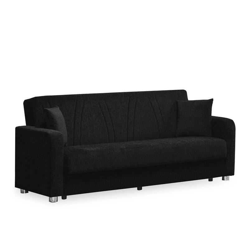 HomeRoots 87" Black Chenille Convertible Futon Sleeper Sofa And Toss Pillows With Storage