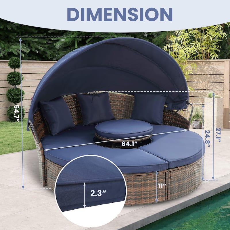 4 Piece Patio Round Rattan Daybed w/Adjustable Sun Canopy, Outdoor Sofa Bed with lift coffee table