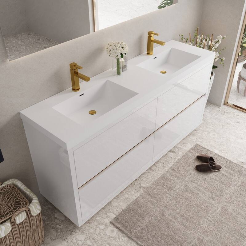 Abruzzo 72" Freestanding Vanity with Solid Surface Countertop & Dual Sinks 4 Soft-Close Drawers