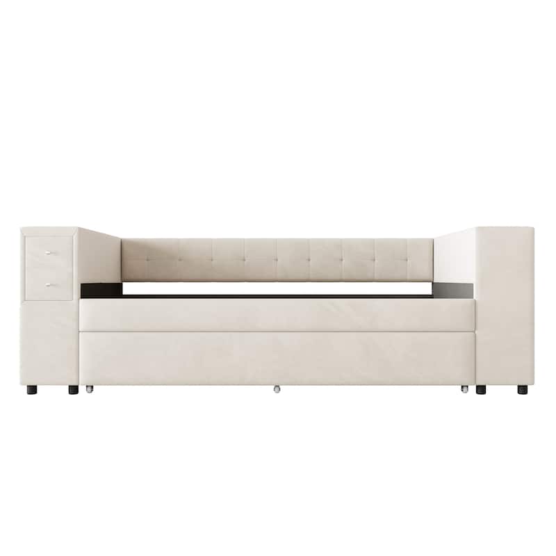 Twin Size Velvet Platform Bed with Pull-Out Trundle, USB Charging Port, Side Drawers And Built-in Storage
