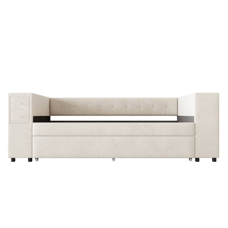 Twin Velvet Upholstered Platform Bed with Trundle, USB Charging, Storage Drawers, Beige/Gray