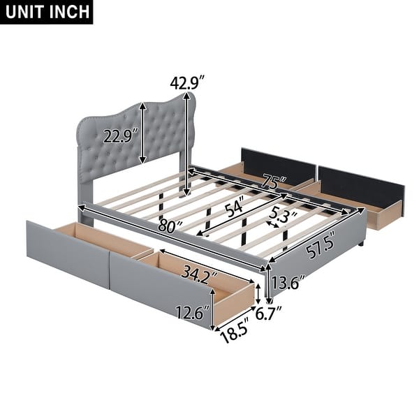 dimension image slide 1 of 2, Full Size PU Leather Upholstered Platform Bed with 4 Drawers
