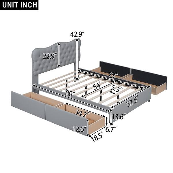 dimension image slide 1 of 4, Queen Size PU Leather Upholstered Platform Bed with 4 Drawers