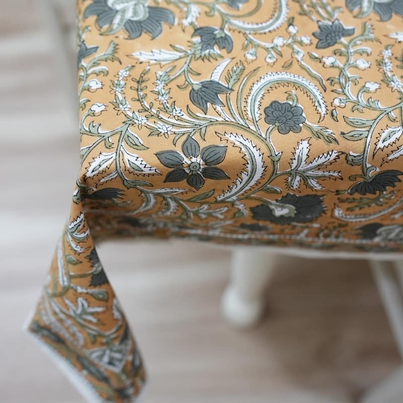Fabdivine Handmade Block Print Cotton Brown Table Cover or Cloth Dining, Farmhouse & Kitchen Décor