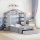 preview thumbnail 1 of 11, Twin Size House Bed with Bench and Socket, Wood Platform Bed Frame with USB Ports and Shelves, No Box Spring Needed, Gray Gray