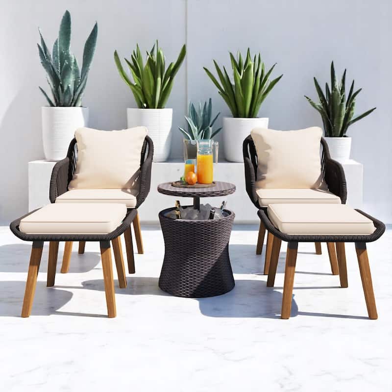 5-Piece Outdoor Patio Furniture Set with PP Rope Weaving Chairs, Pop-Up Cool Bar Table,Outdoor Furniture Bistro Sets - Beige+Black