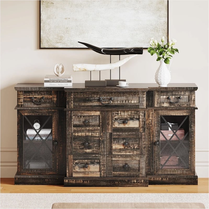 Farmhouse TV Stands Buffet Sideboard with 9 Drawers Cabinet Dark Oak - 58 inches