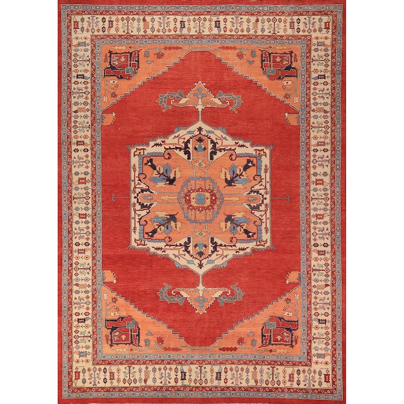 Geometric Heriz Serapi Vegetable Dye Area Rug Hand-Knotted Wool Carpet - 8'11" x 11'11"
