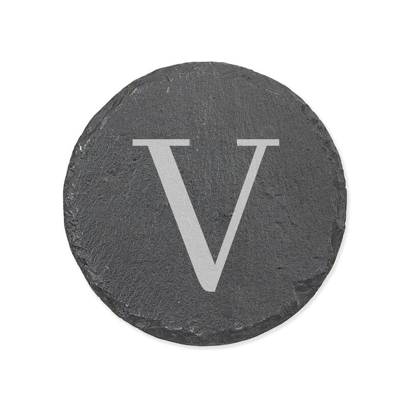Personalized Letter Round Slate Coaster - 1 piece - V - Slate
