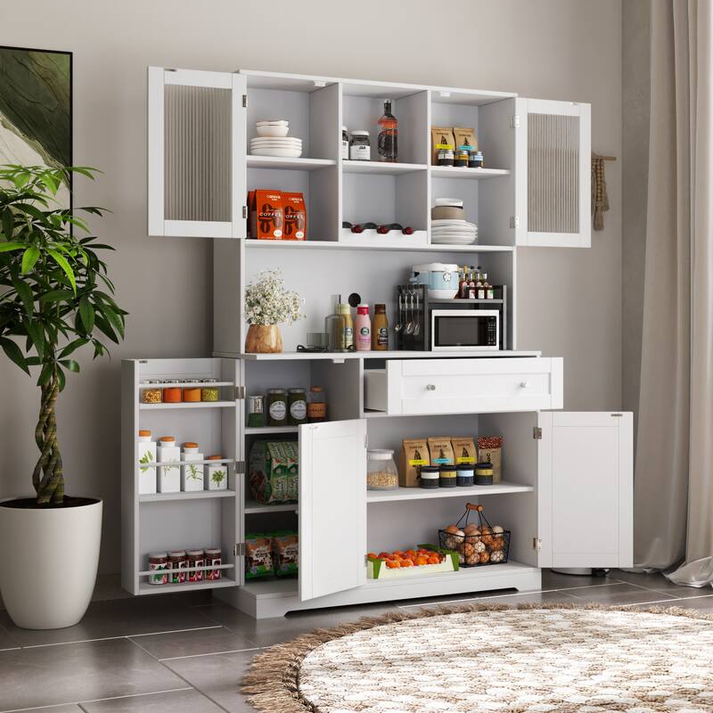 68 Inch High White Kitchen Pantry Cabinet with Hutch,Wine Rack for Dining Room - White