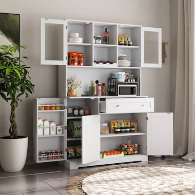 68 Inch High White Kitchen Pantry Cabinet with Hutch,Wine Rack for Dining Room