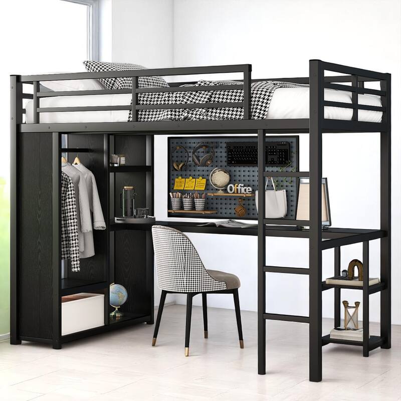 Space-Saving Twin XL/Full/Queen Size Loft Bed with Desk, Wardrobe & Storage, Metal Frame with Guardrails - Black - Twin XL
