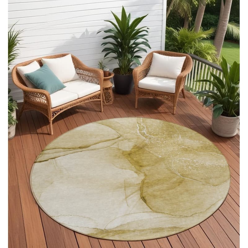 Elfi Artistic Abstract Weather Resistant Timeless Fusion Outdoor Rug - 8' Round - Beige