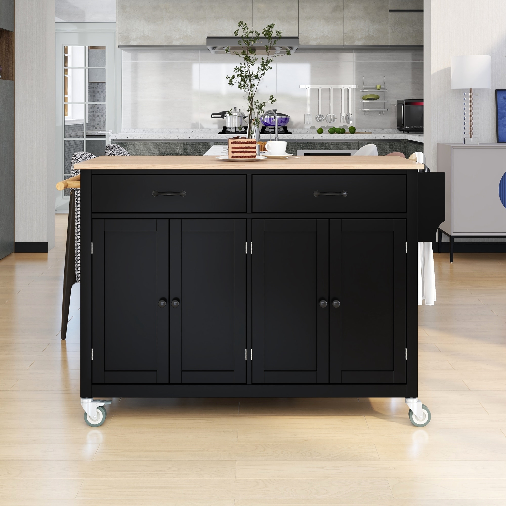 Kitchen Island Cart with Solid Wood Top and Locking Wheels