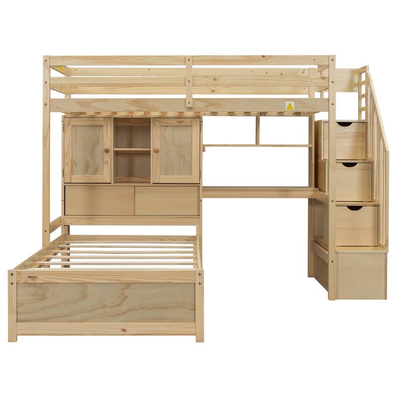 Twin over Twin Loft Bed with Built-in Desk, Staircase & Storage, Natural Pine Wood & MDF