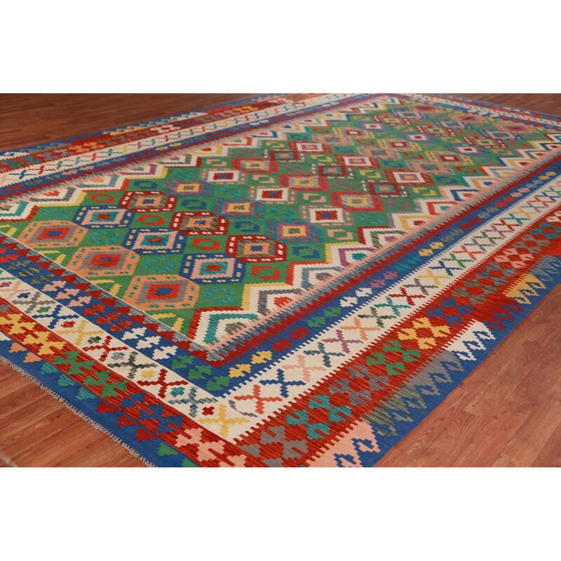 Geometric Kilim Oriental Large Rug Living Room Hand-Woven Wool Carpet - 10'2"x 16'3"