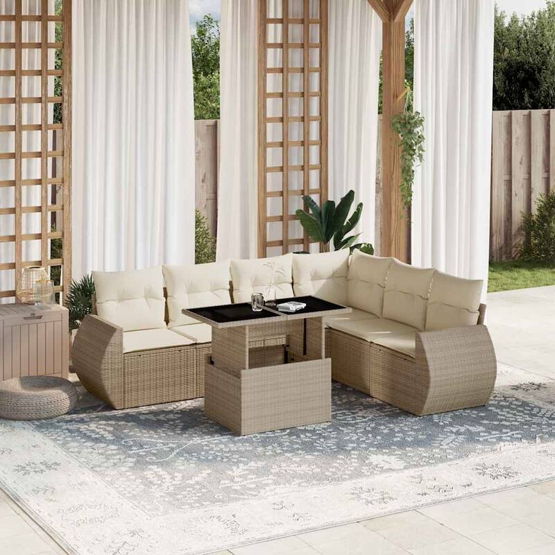 vidaXL Patio Sofa Set with Cushions Outdoor Furniture 7 Piece Poly Rattan - 21.7 x 39.4 x 28.7 - Beige and Cream-without storage