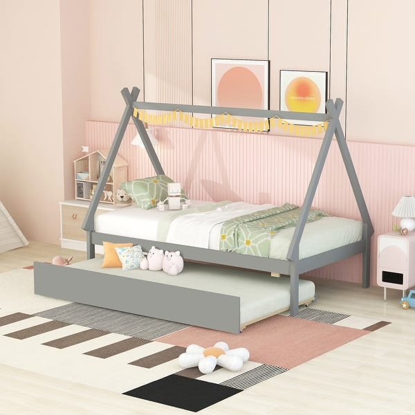slide 2 of 7, Gray Twin Size Tent Teepee Floor Bed with Trundle Bed Gray
