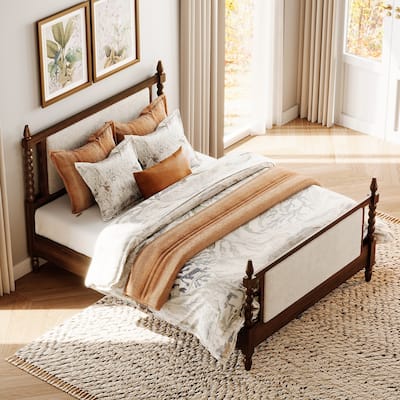 WAMPAT Solid Wood Queen 4-Poster Bed – Vintage Upholstered Headboard & Footboard, No Box Spring Needed, Walnut