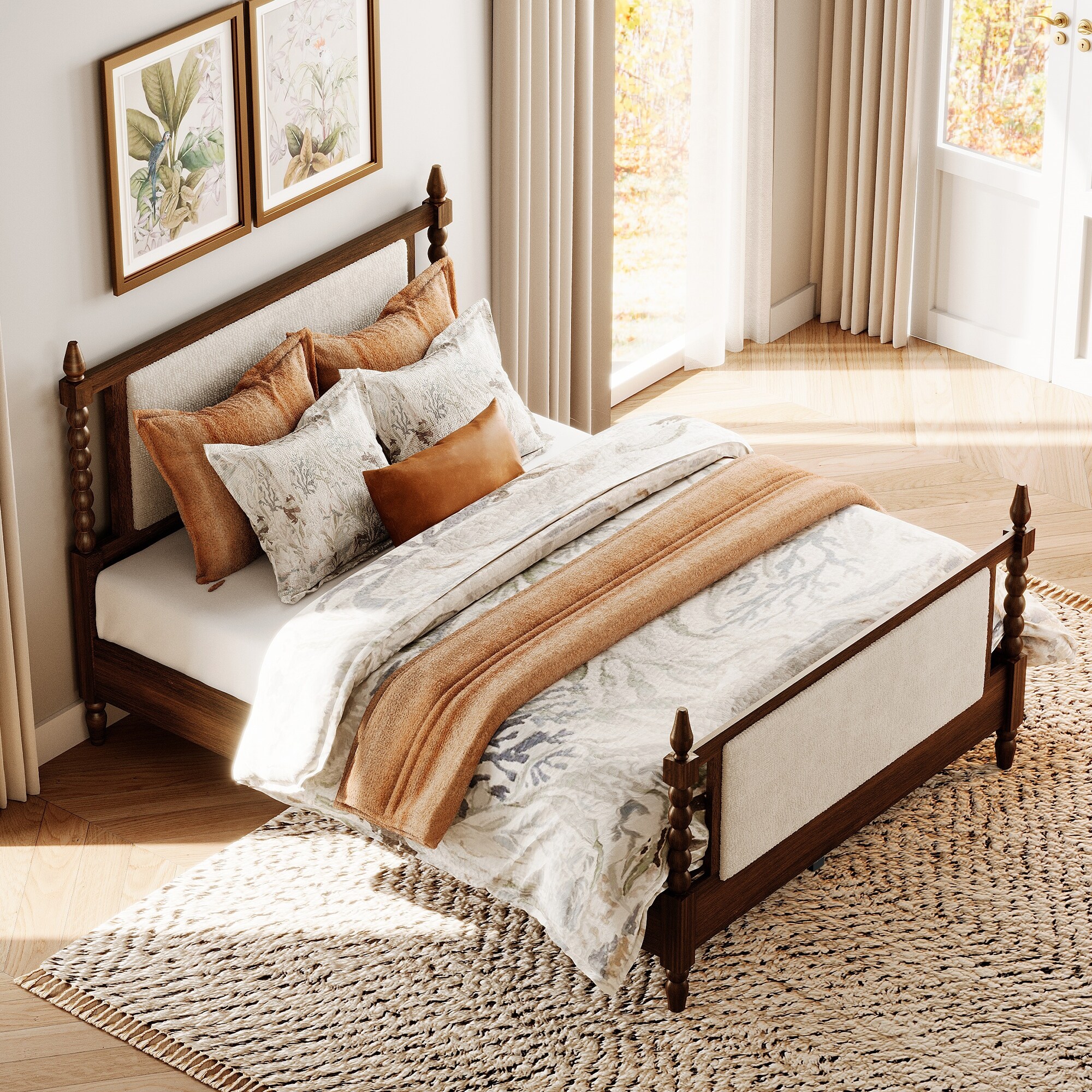 WAMPAT Solid Wood Queen 4-Poster Bed undefined Vintage Upholstered