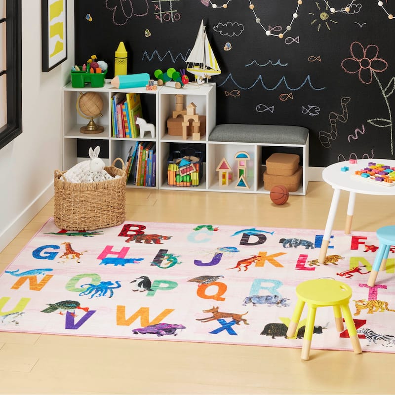 Eric Carle Elementary Pink Alphabet Machine Washable Kids Area Rug