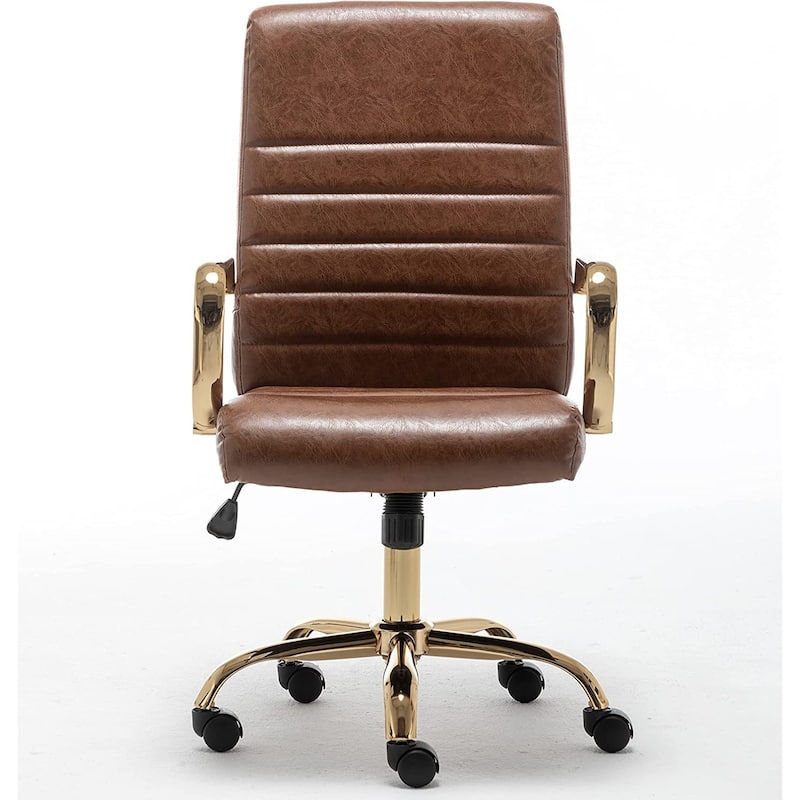 Brown Vintage Adjustable Home Office Faux Leather Golden Arms Executive Chair High Back Manager Desk Armchair