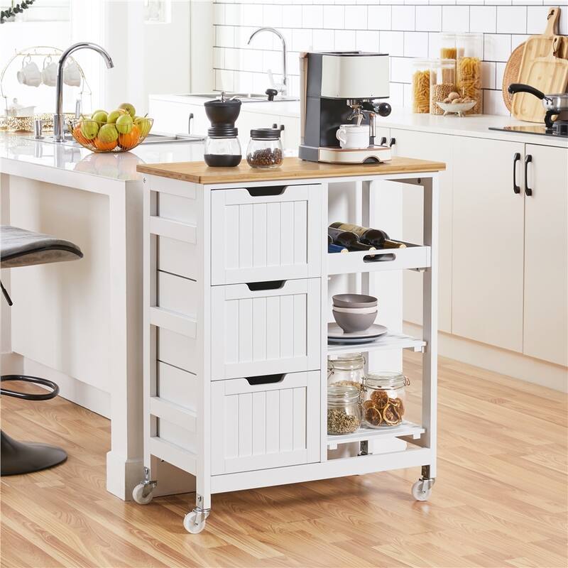 Yaheetech Rolling Kitchen Island with 3 Open Shelves and 3 Drawers