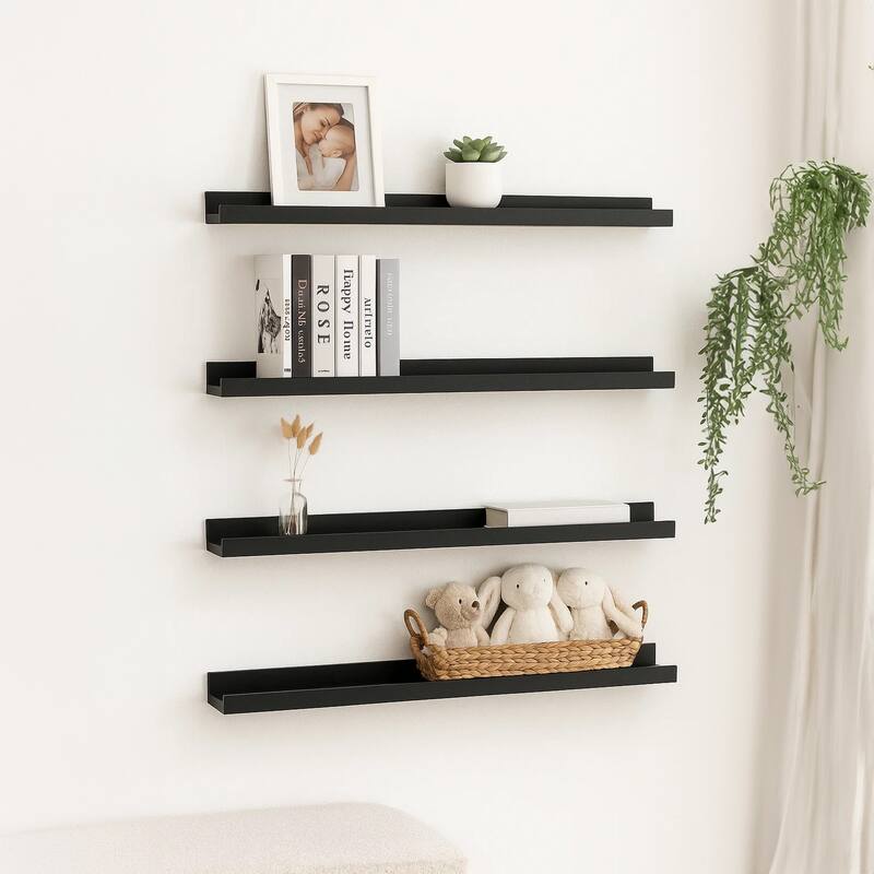 Yuli Wall Shelf Set of 4, Contemporary Black, Raised Ledge Design 32 Inch