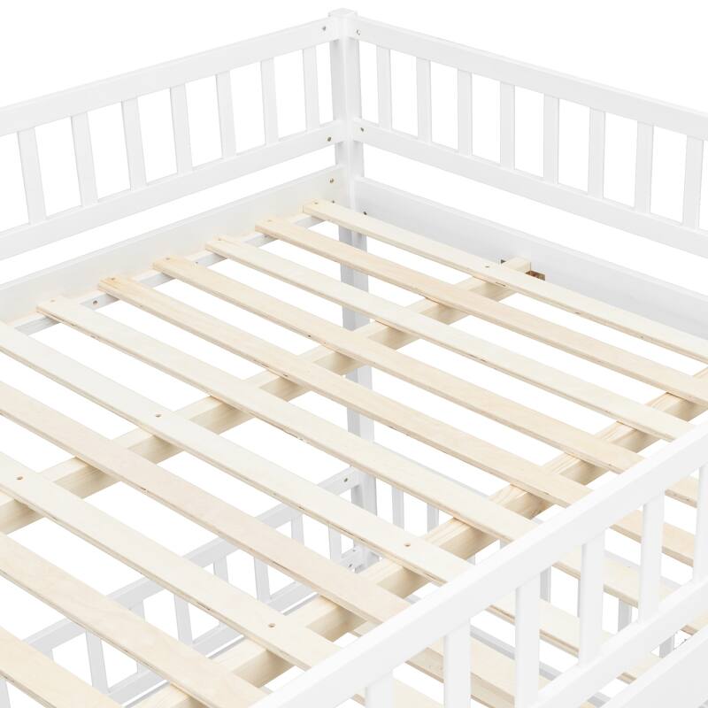 GDFStudio - Solid Wood Queen over Queen Bunk Bed with Ladder & Guardrails