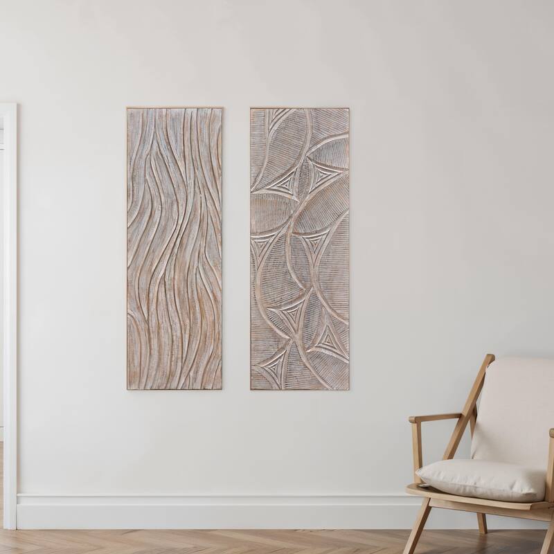 2pc Wood Wall Art Panels | 16x48 Inch Abstract Geometric and Wave Pattern Decor| Distressed Gray