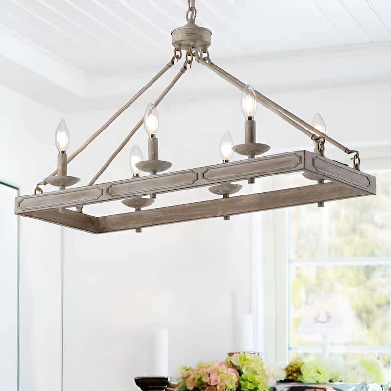 6 - Light Wood Like Antique Metal Kitchen Island Rectangle Pendant Lamp Chandelier - Milk White