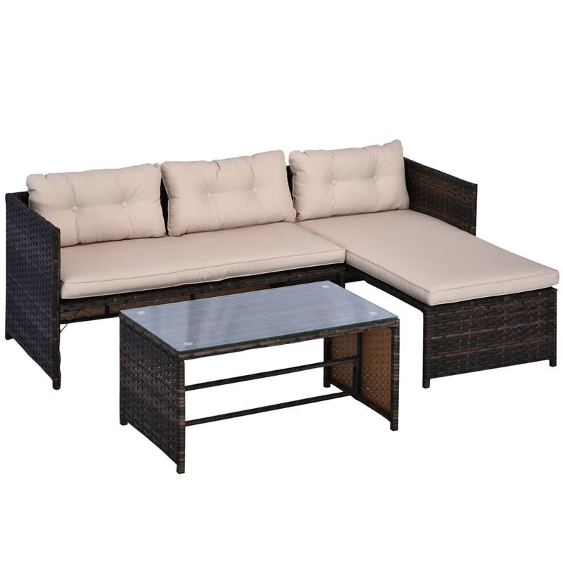 3-Piece Outdoor Patio Sofa Set, L-Shaped Sectional Sofa Set with Cushions and Tempered Glass Coffee Table
