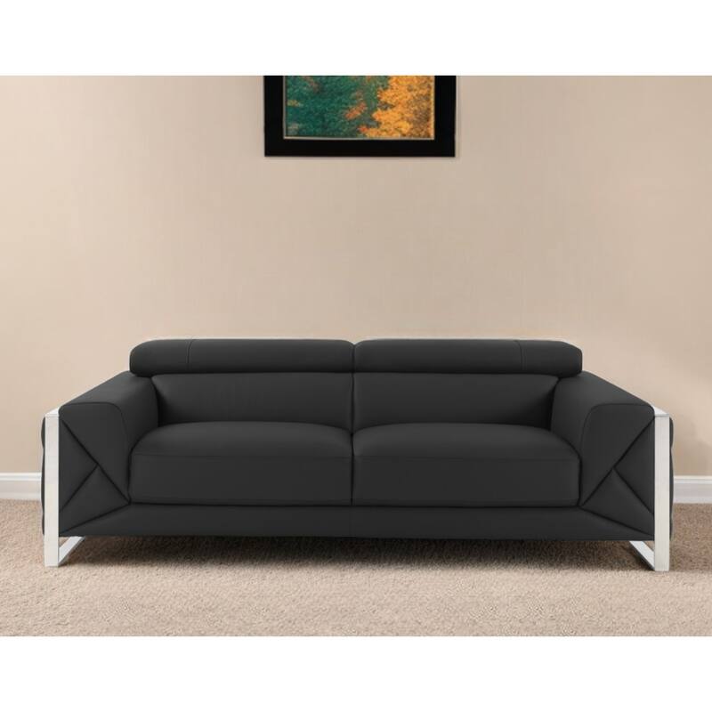 HomeRoots 89" Gray Italian Leather Sofa With Silver Legs - 35" H x 89" W x 43" D - 35" H x 89" W x 43" D - Grey