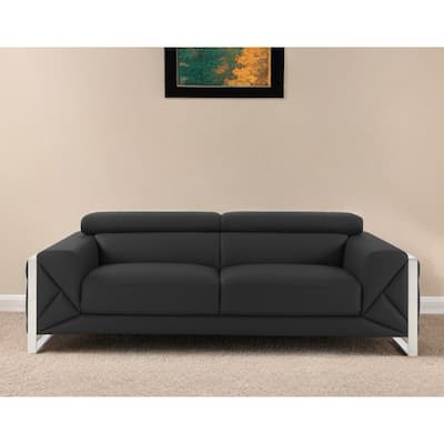 HomeRoots 89" Gray Italian Leather Sofa With Silver Legs - 35" H x 89" W x 43" D