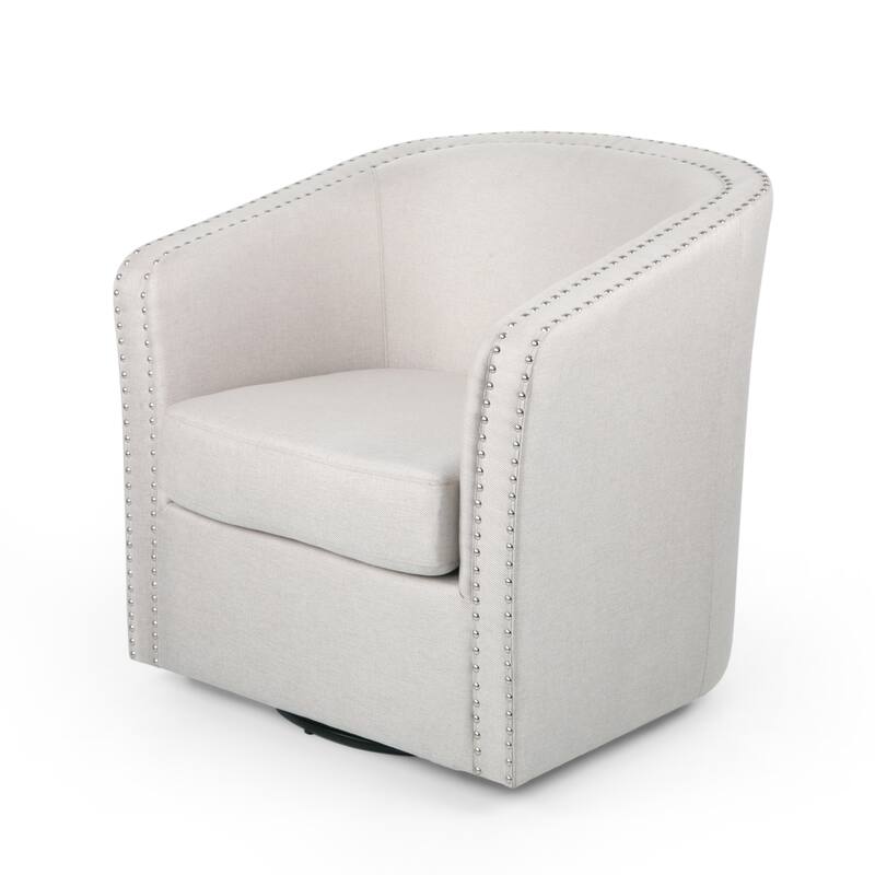 Linen Swivel Club Chair with Nailhead Trim and Black Iron Base
