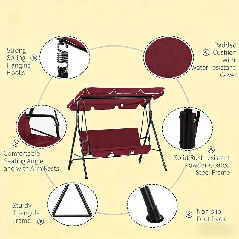 GDFStudio Outdoor Kael Steel Swing Bench with Adjustable Canopy and Cushions for Three