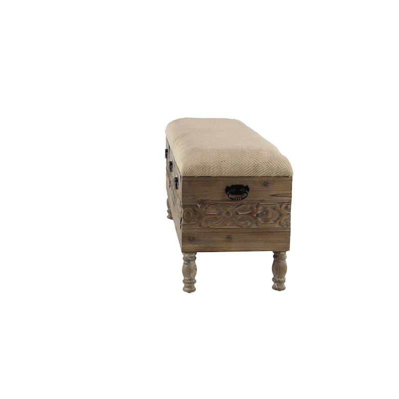 Wood Floral Intricately Carved Storage Bench with Cream Burlap Top - Brown - Roche River Decor - 16"W x 47"L x 20"H