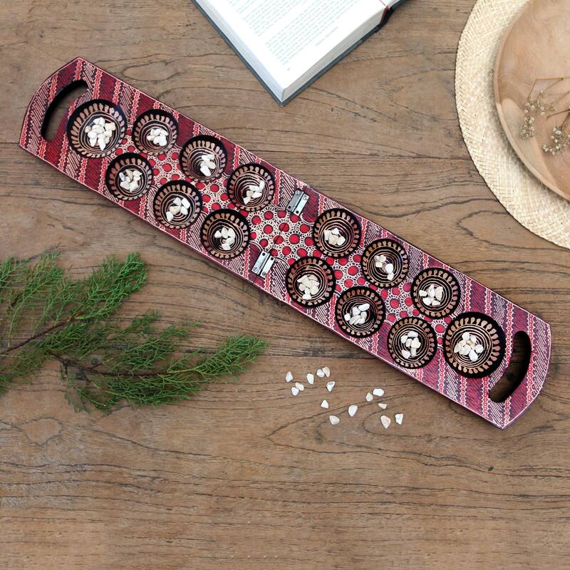 Novica Handmade Red Clever Leisure Batik Wood Mancala Game
