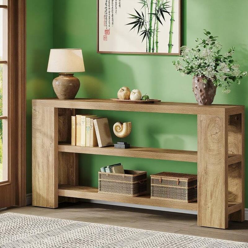 Brown Wooden 3-Tier Farmhouse Console Table with Extra-Long Shelf - 70.87” L x 11.61 W x 33.46 H