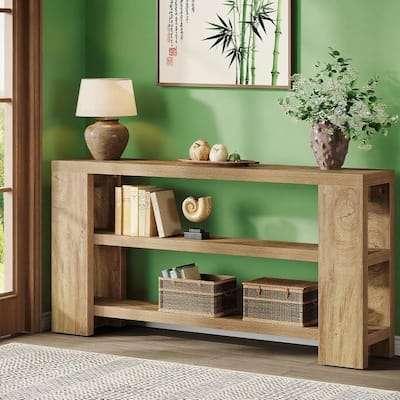 Brown Wooden 3-Tier Farmhouse Console Table with Extra-Long Shelf - 70.87” L x 11.61 W x 33.46 H