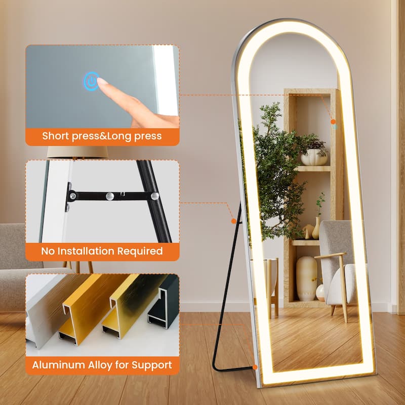 Arched Full Length Mirror with LED Lights, 26"x71" Lighted Floor Mirror with Dimming & 3 Color Lighting, Stand - 26*71
