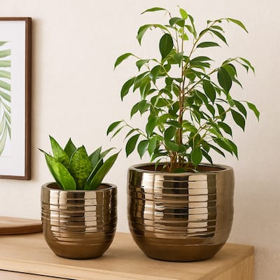 Paulo Barrel Planter Set of 2, Raised Ribbed Gold Ceramic 19, 15 Inch